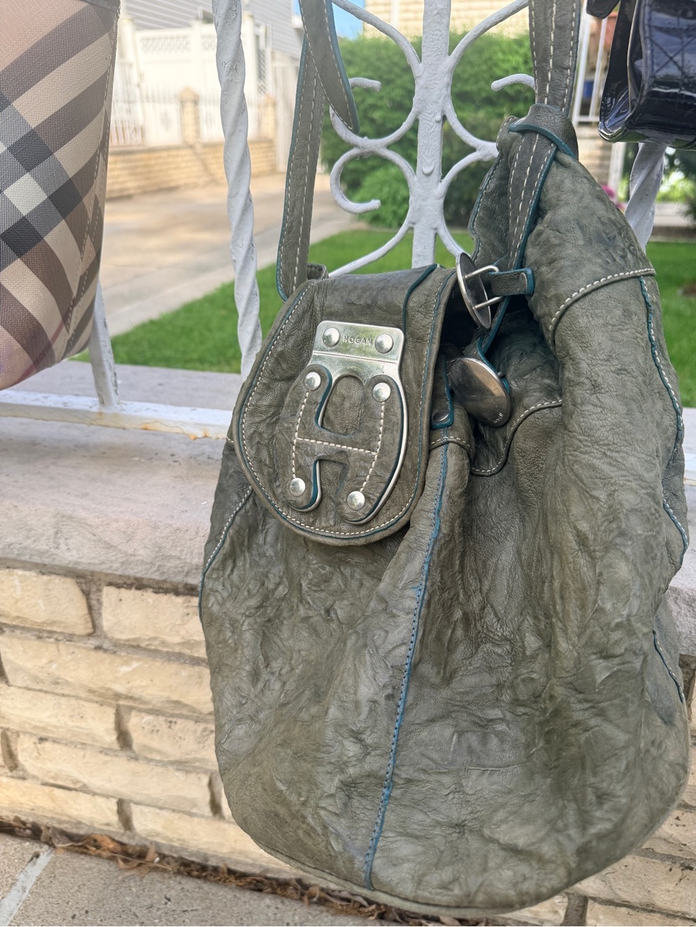Hogan Olive Green Leather Shoulder Bag with Silver Hardware